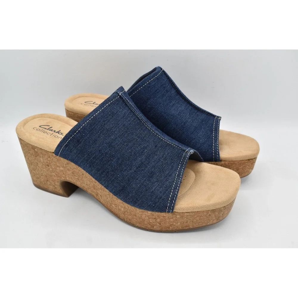 Clarks Womens Size 10 Nerisa Vine Dark Denim Heeled Sandals Slides Shoes